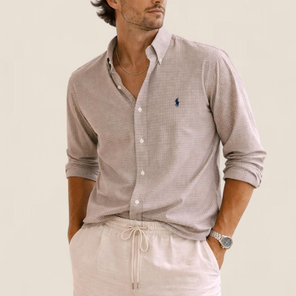 Ralph Lauren Blake neutral brown checkered button up shirt | size large preppy